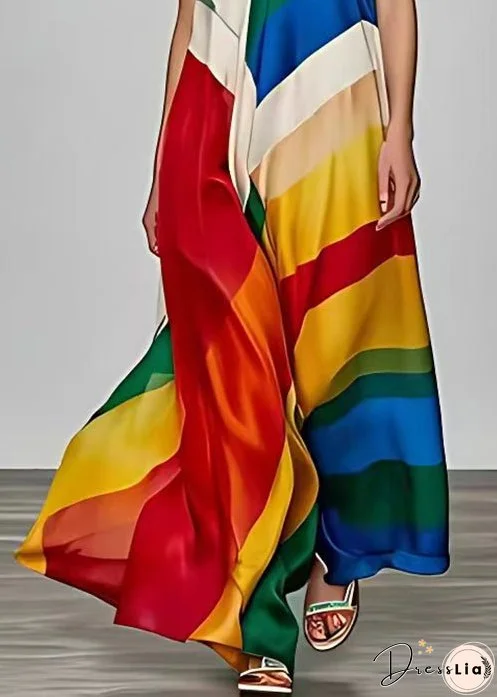 Stylish Photo Color V Neck Print Silk Spaghetti Strap Dress Sleeveless