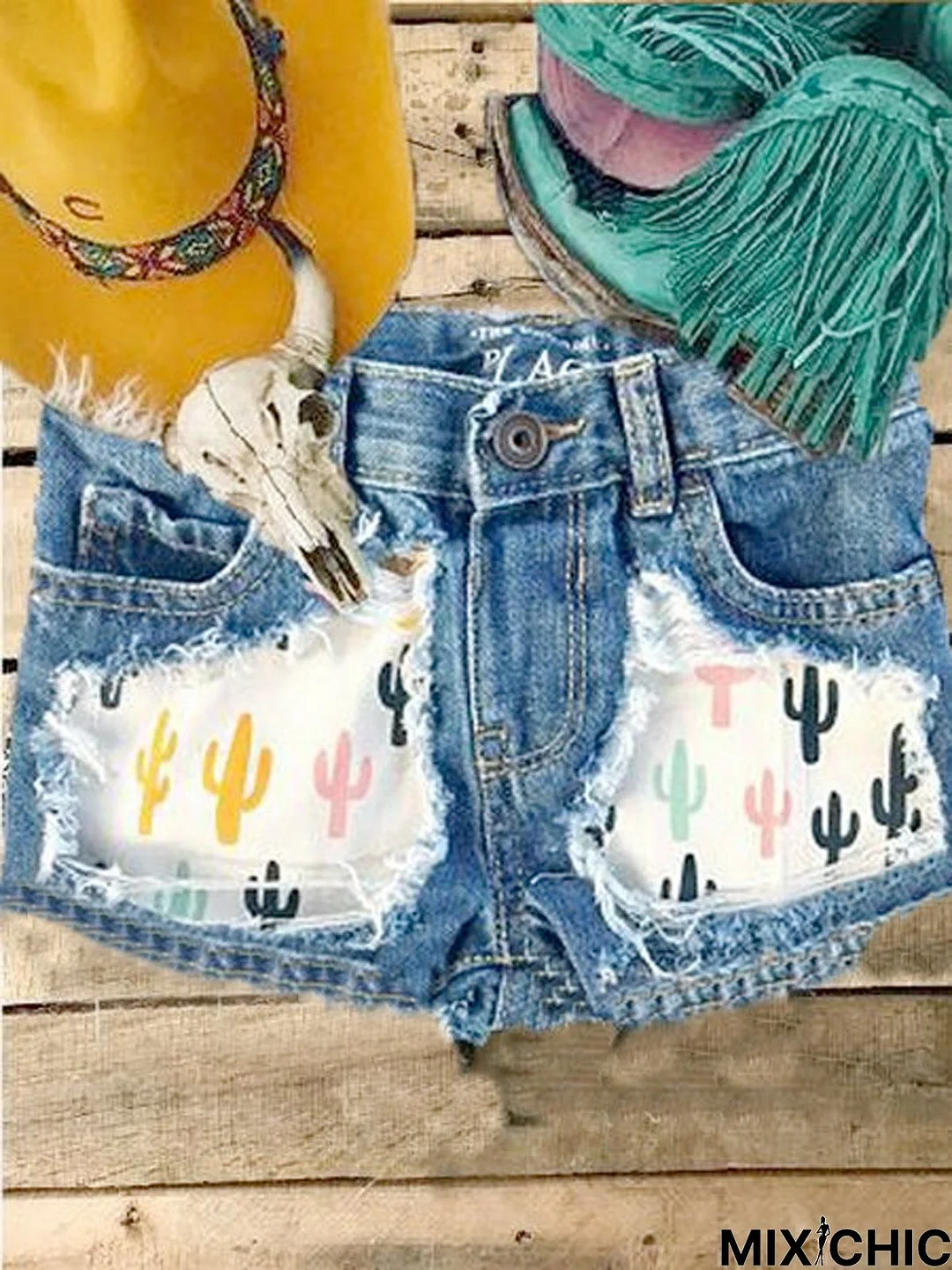 Casual western torn printed denim shorts