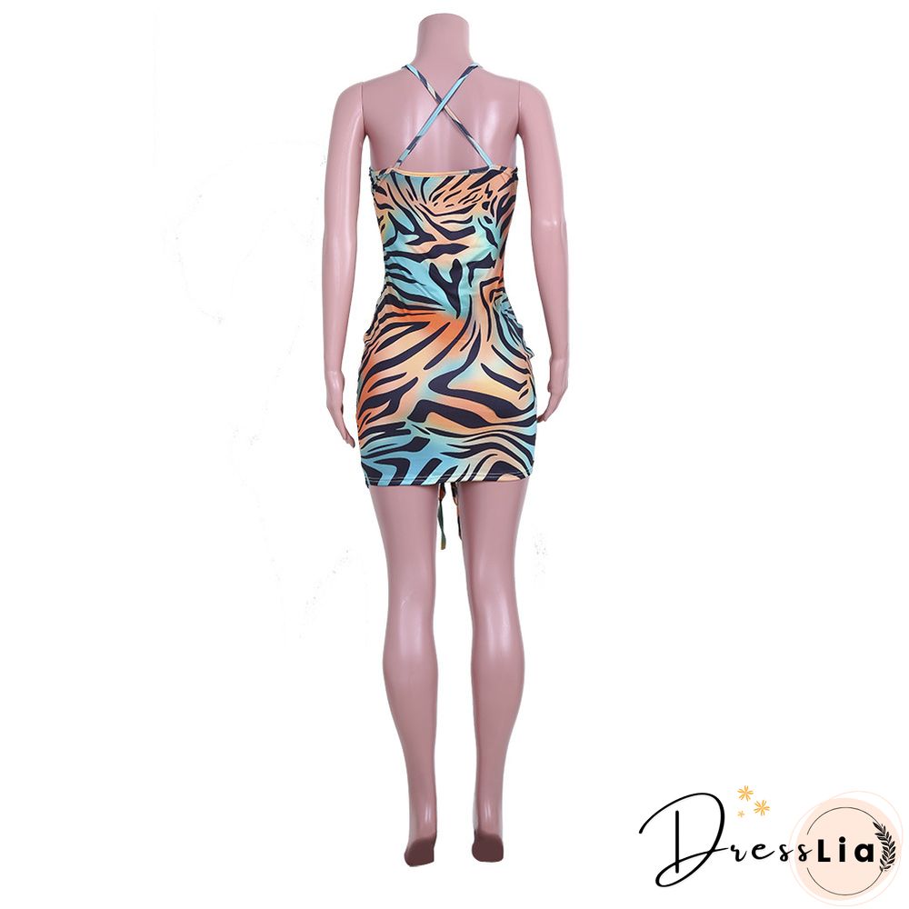Sexy Printed Sleeveless Drawstring Ruched Bodycon Dress