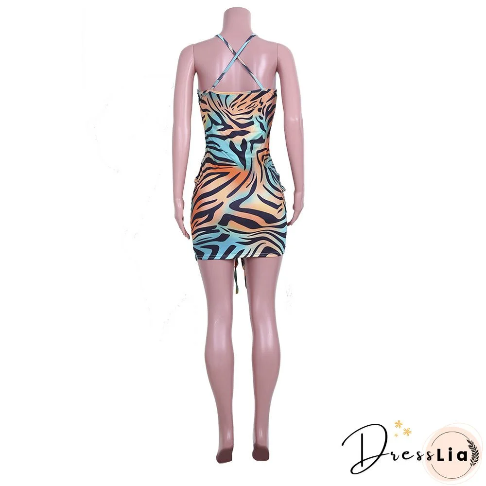 Sexy Printed Sleeveless Drawstring Ruched Bodycon Dress
