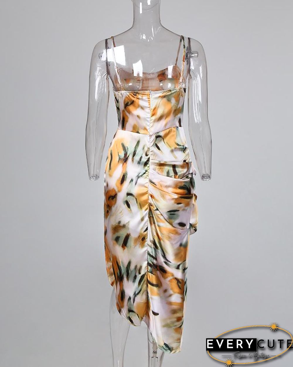 Abstract Print Spaghetti Strap High Slit Ruched Dress P10026