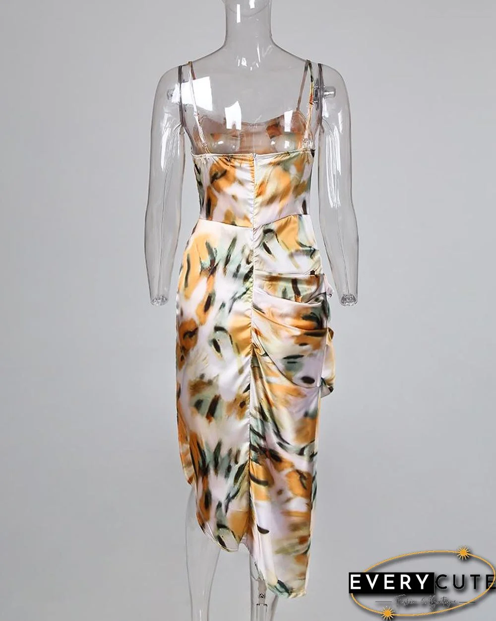 Abstract Print Spaghetti Strap High Slit Ruched Dress P10026