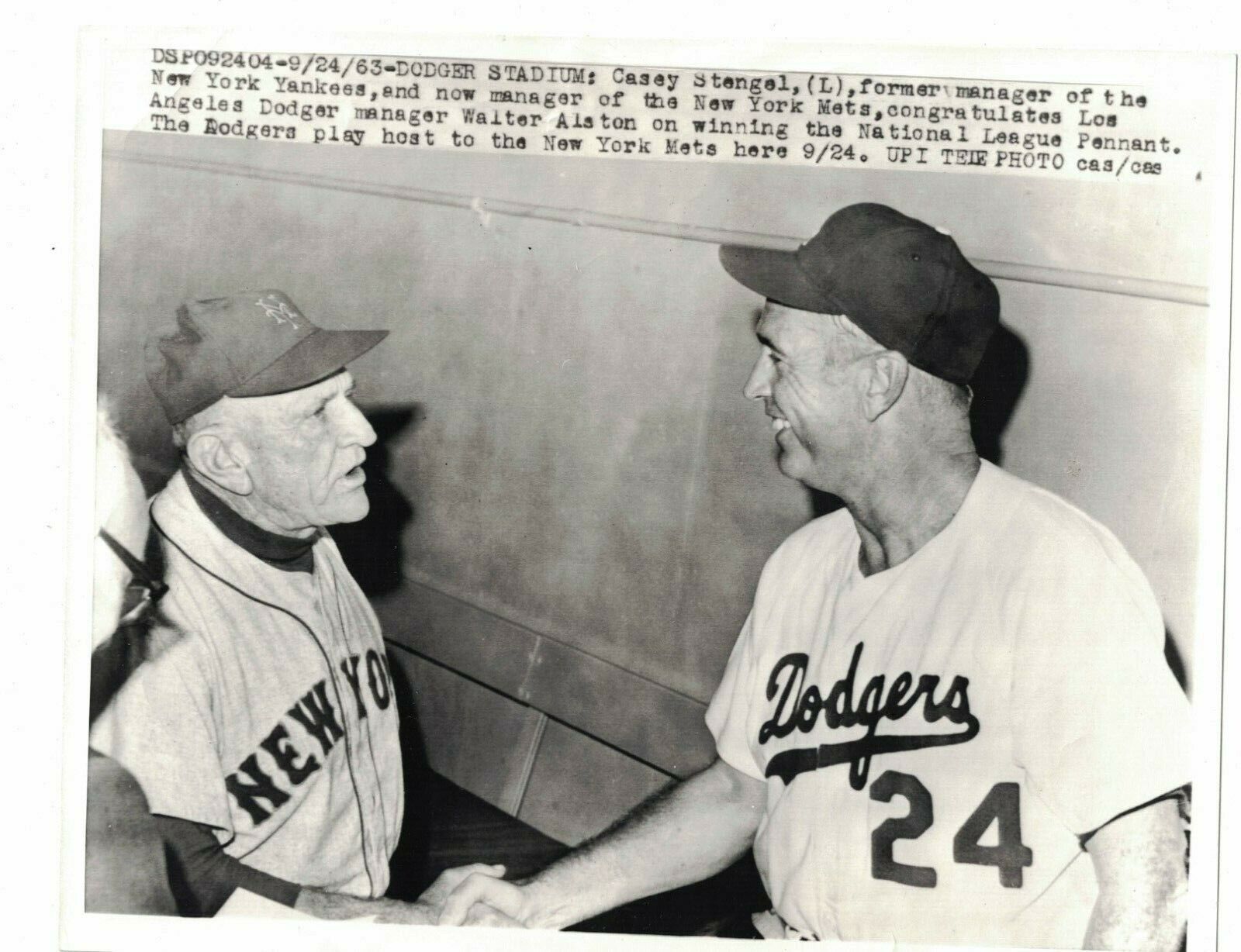 Casey Stengel NY Mets Walter Alston LA Dodgers 1963 UPI Tele Photo Poster painting AO181