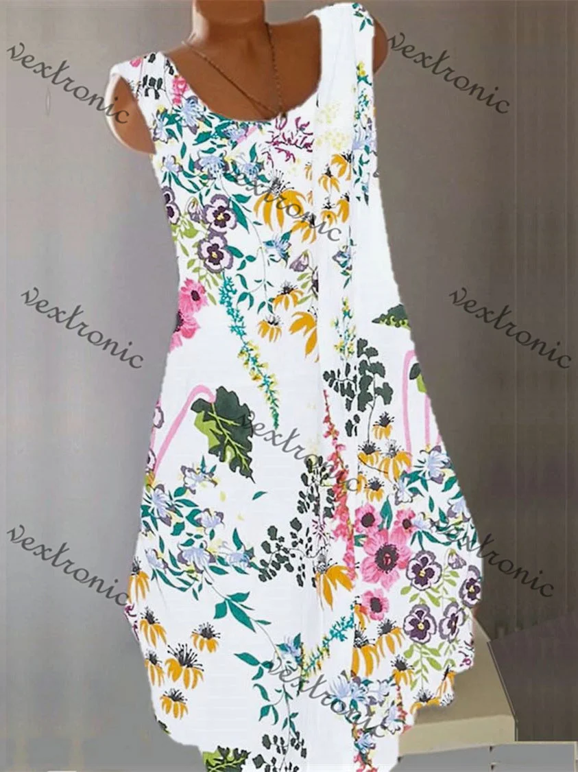 Women's Sleeveless Scoop Neck White Floral Printed Midi Dress