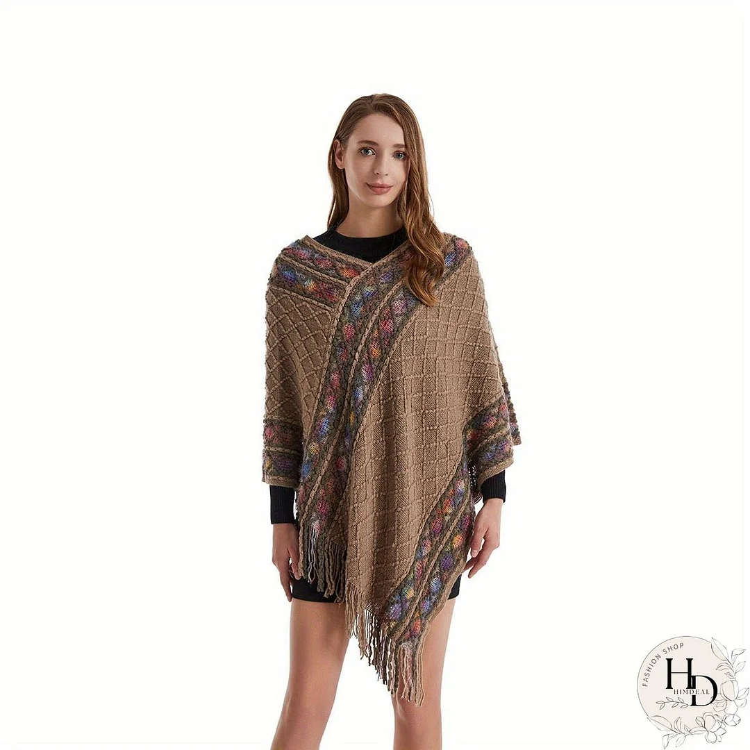 Boho Plaid Knitted Tassel Shawl Vintage Thickened Cape V-neck Windproof Cape Large Coldproof Sweater Cloak