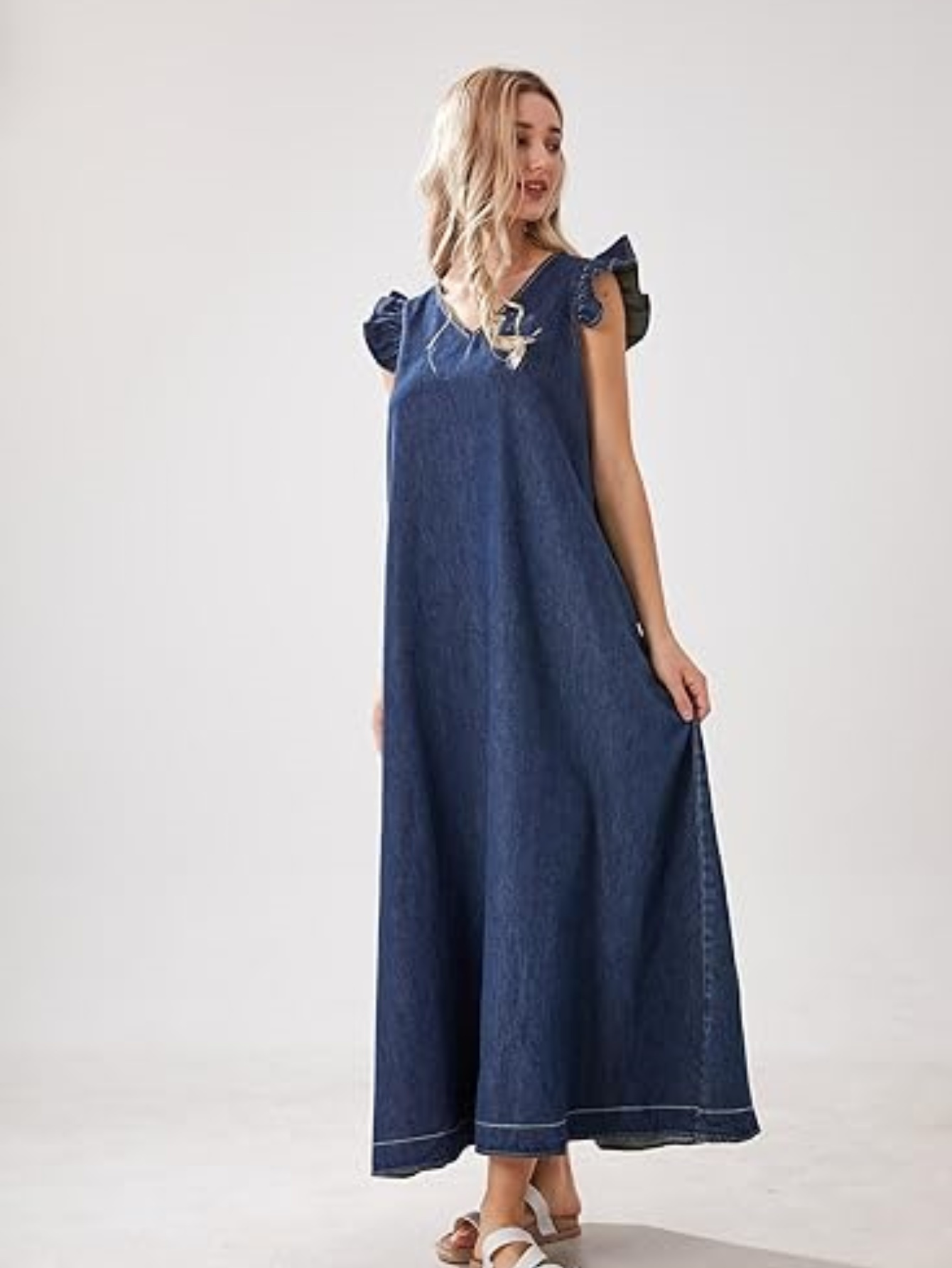 Womens Long Denim Maxi Dress Loose Fit Jeans V-Neck Ruffle Sleeveless Non-See-Through | IFYHOME
