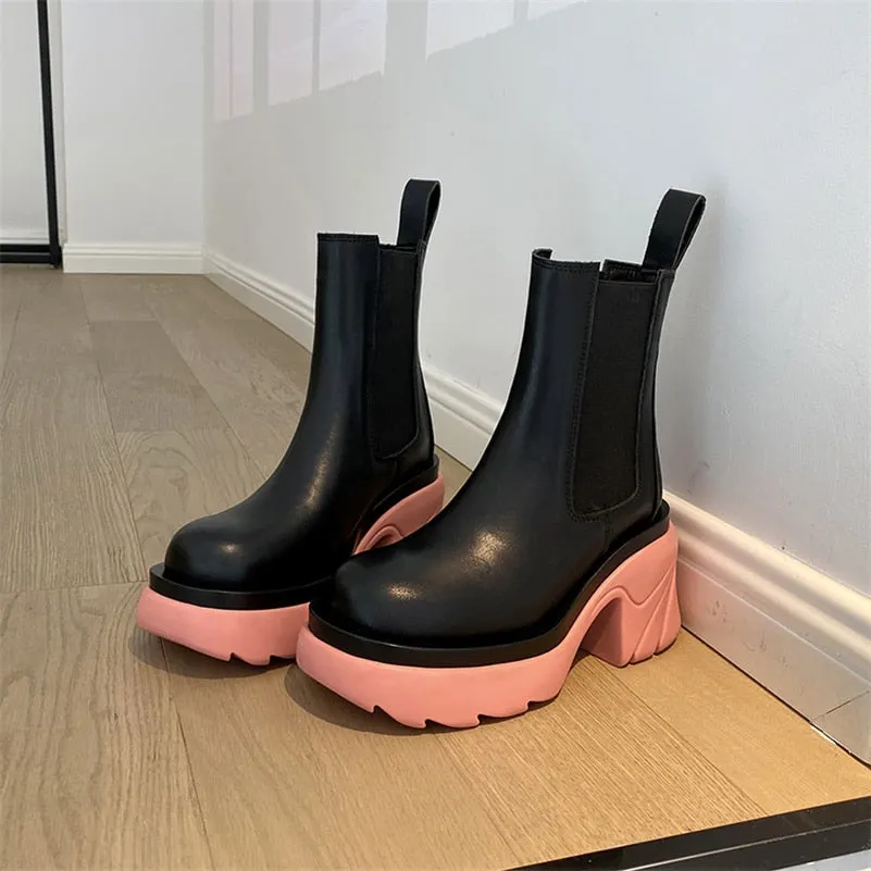 Meotina INS Genuine Leather Ankle Boots Shoes Women Platform Super High Thick Heel Boot Slip On Round Toe Lady Short Boots 42