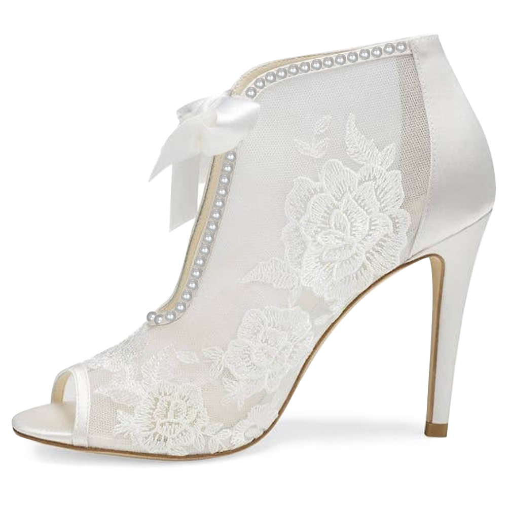Elegant White Peep Toe Flower Lace Pearl Trim Wedding Heeled Booties