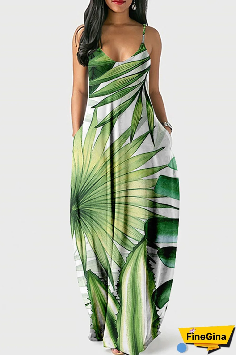 Cyan Green Sexy Casual Print Backless Spaghetti Strap Long Dress Dresses