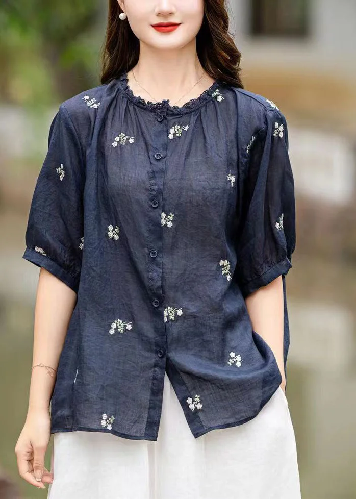 Fine Navy Embroideried Patchwork Linen Shirt Top Summer