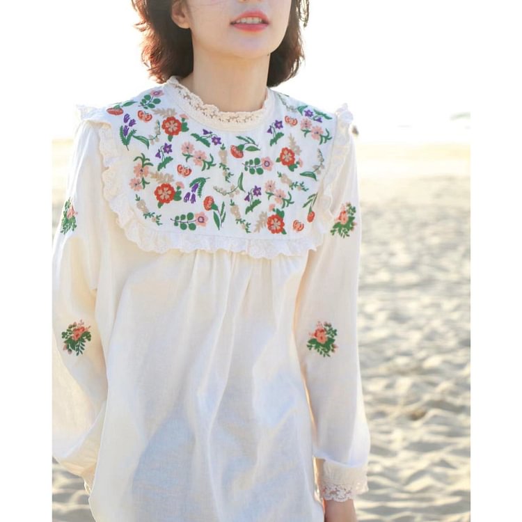 Queenfunky cottagecore style Lace Collar Embroidered Blouse QueenFunky