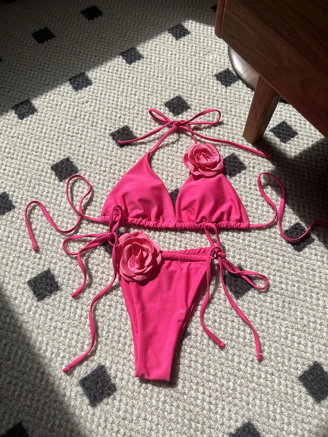 Churchf 2024 European New Solid-Color Rose Drawstring Split Swimsuit Bikini9187