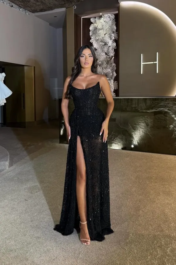 Lussooy Sexy Black Strapless Sleeveless Beaded Long Prom Dress With Split 