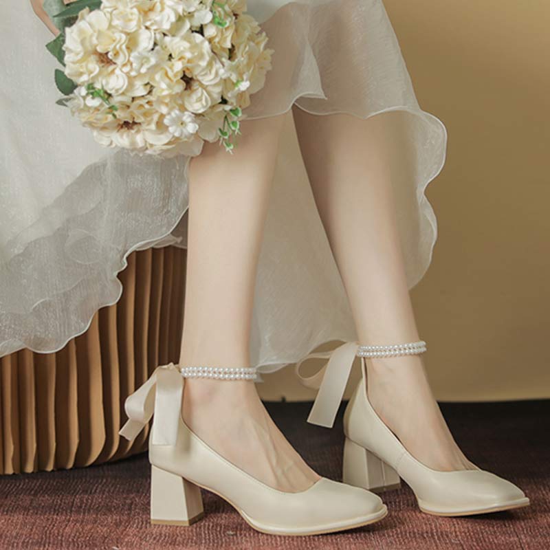 Pearl Bow Mary Janes High-heeled Shoes - Modakawa Modakawa