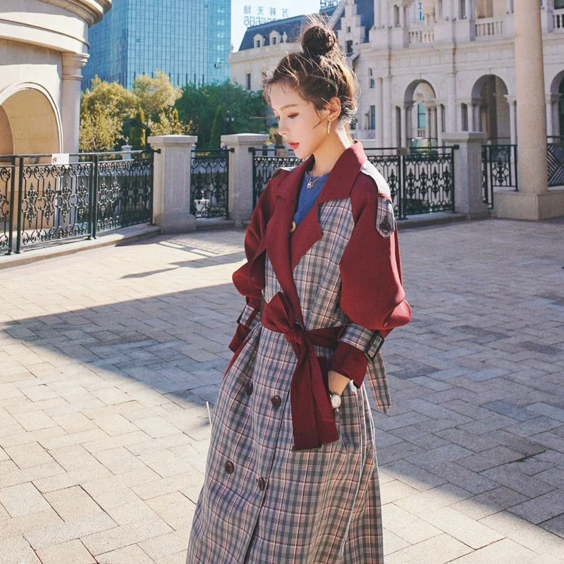 Fashion England Style Long Trench Coat Women Double-Breasted Plaid Patchwork Duster Coat for Lady Spring Autumn Outerwear Cloak