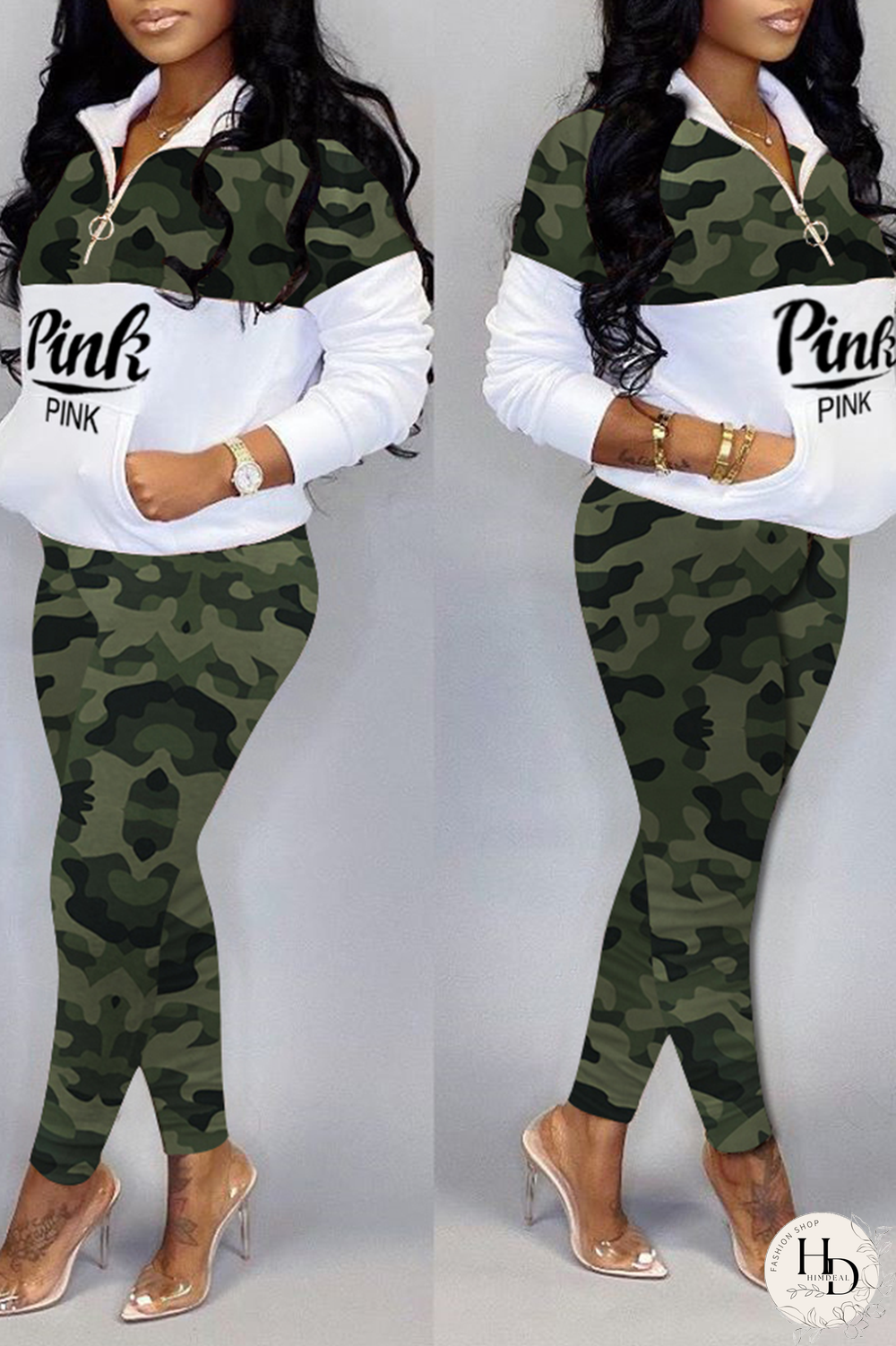 Blue Casual Camouflage Print Patchwork Zipper Collar Long Sleeve Two Pieces