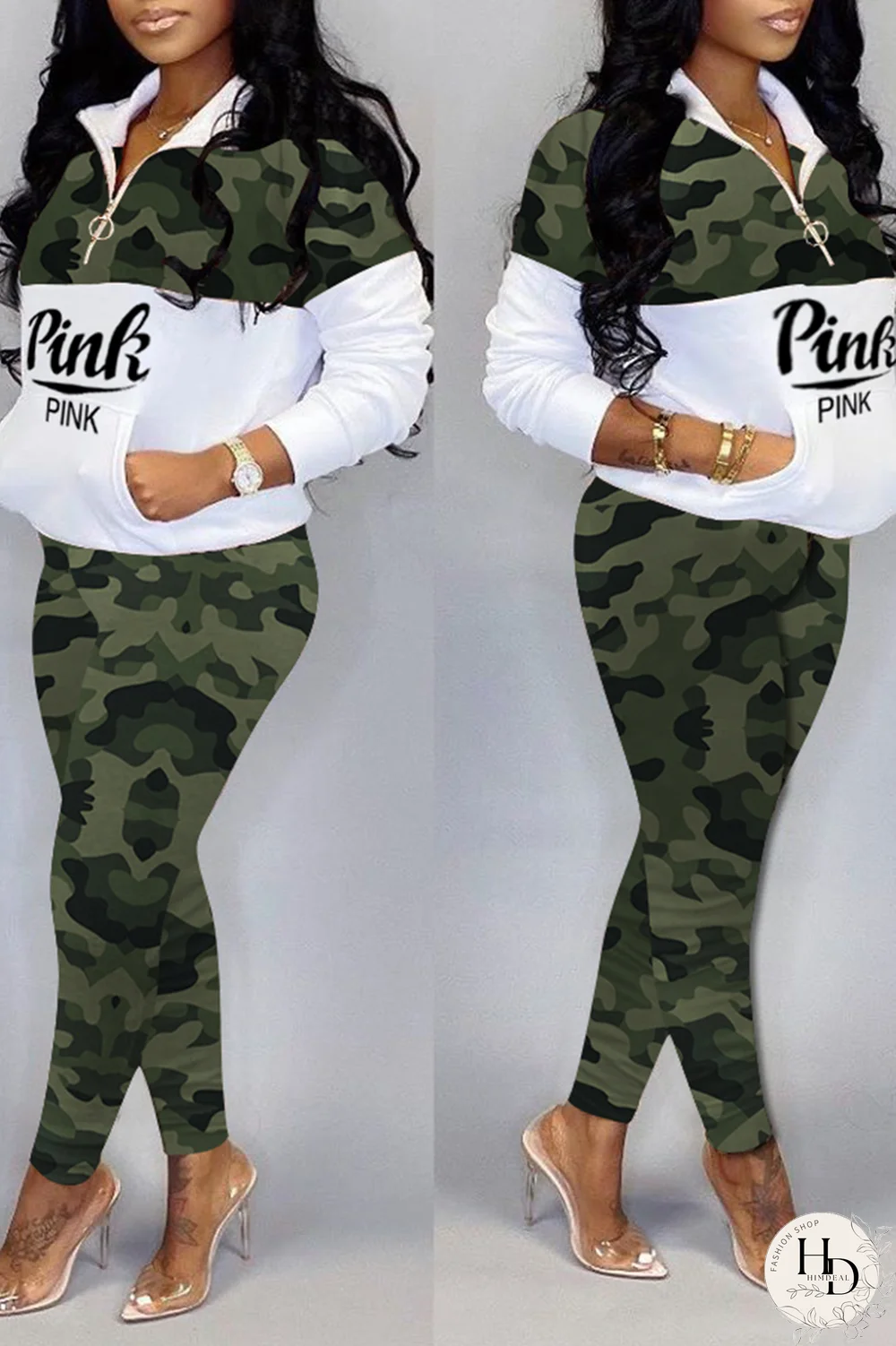 Blue Casual Camouflage Print Patchwork Zipper Collar Long Sleeve Two Pieces