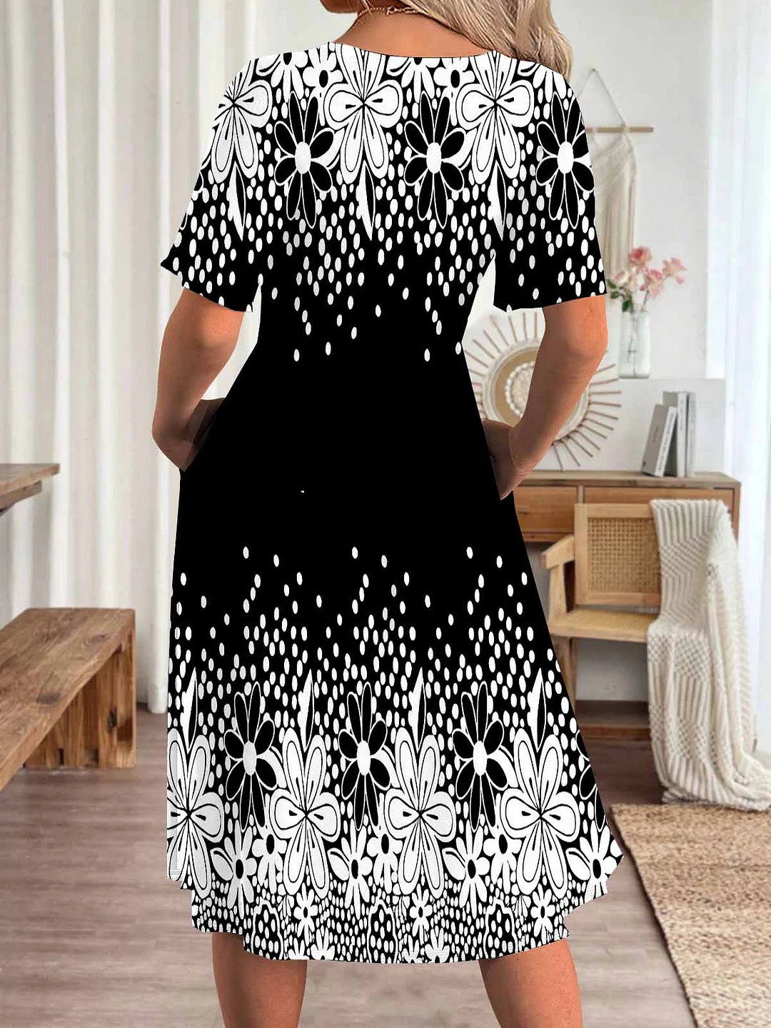 Women Floral,Black DZHA8356 Short Sleeve Scoop Neck Graphic Printed Hollow Midi Dress