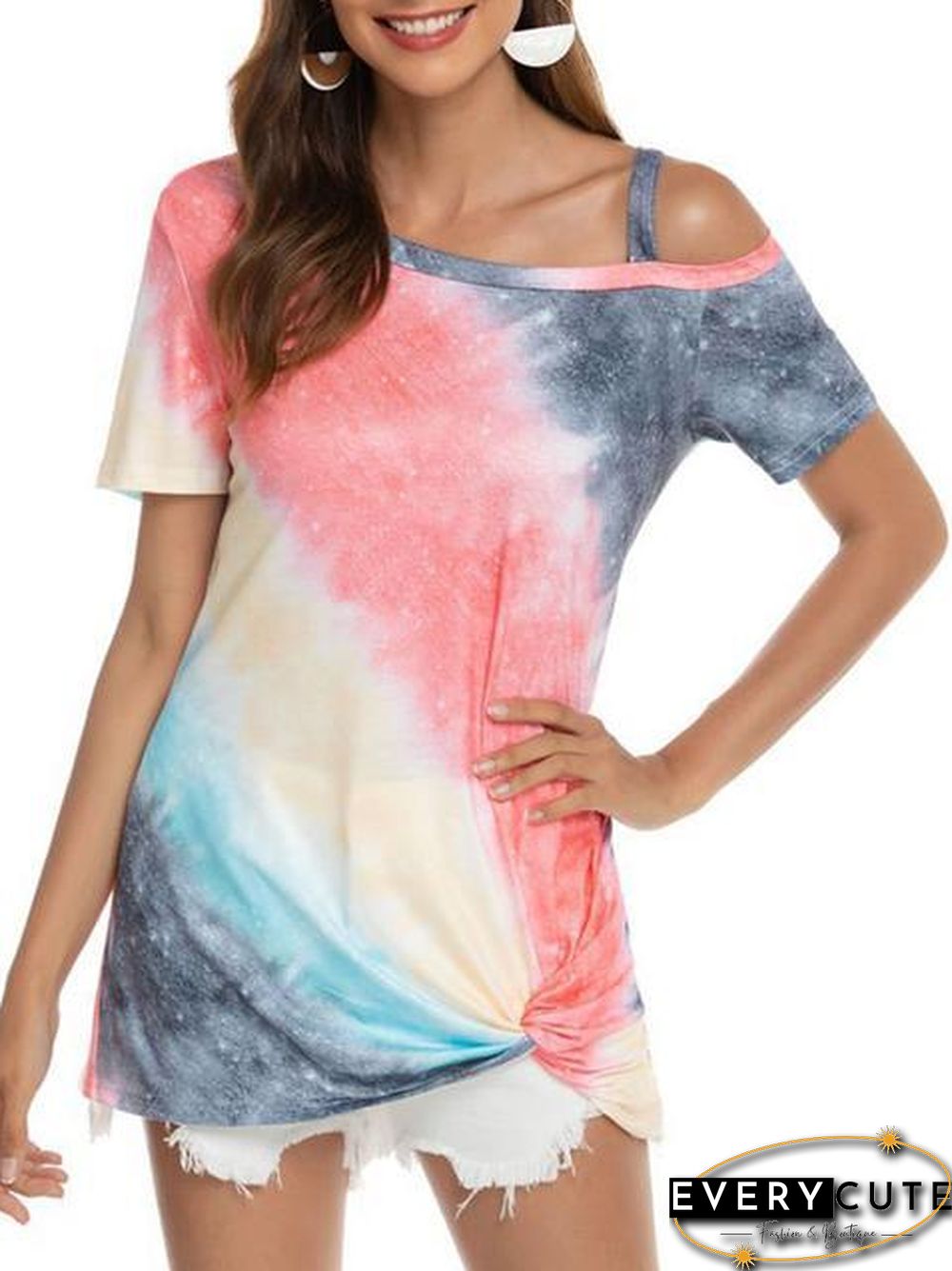 Gradient Color Cold Shoulder Twisted T-Shirt