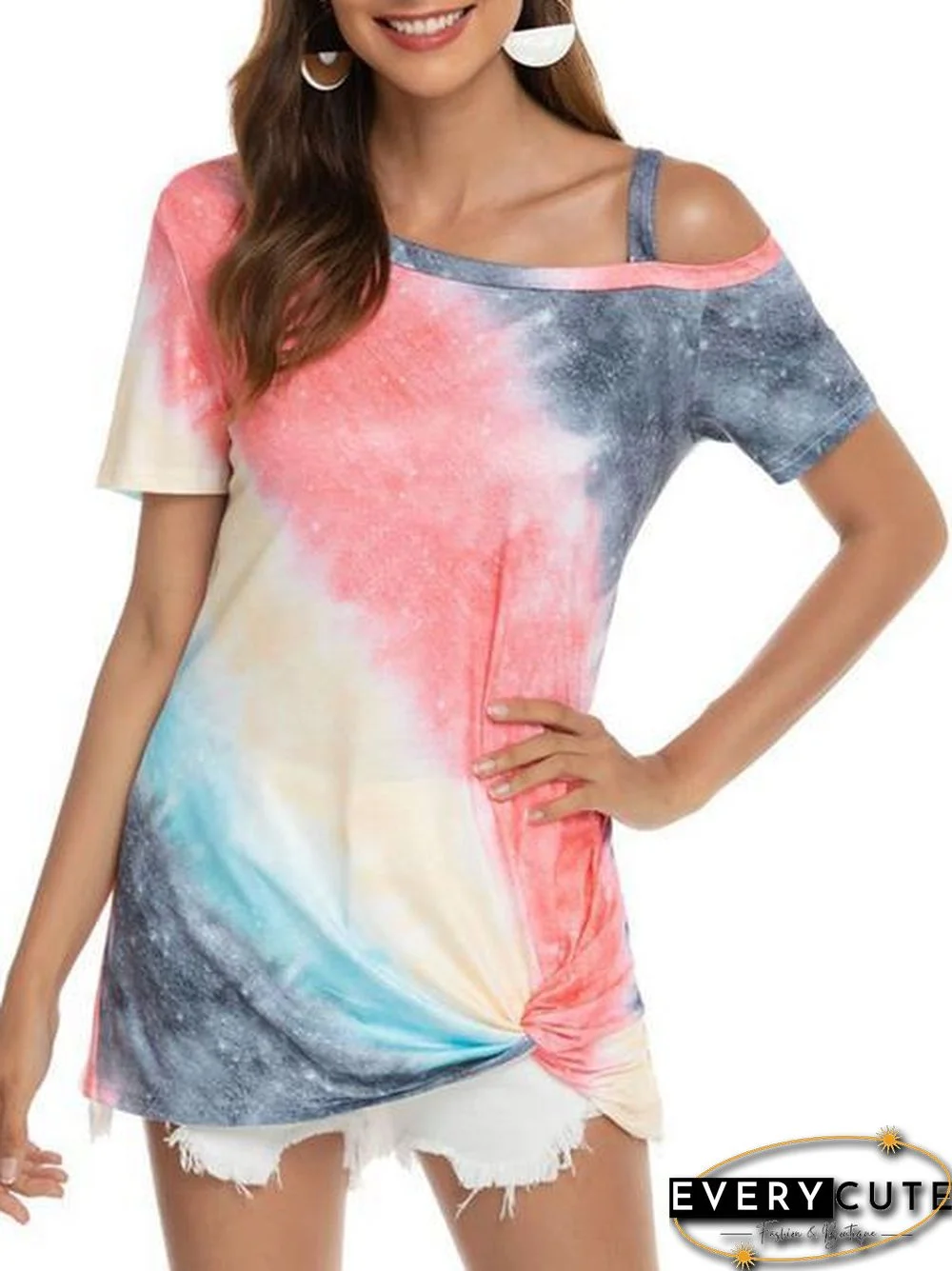 Gradient Color Cold Shoulder Twisted T-Shirt