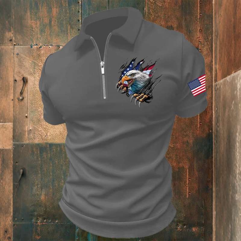 Comstylish Men's America Independence Day Printed Half Zip Collar Polo Shirt