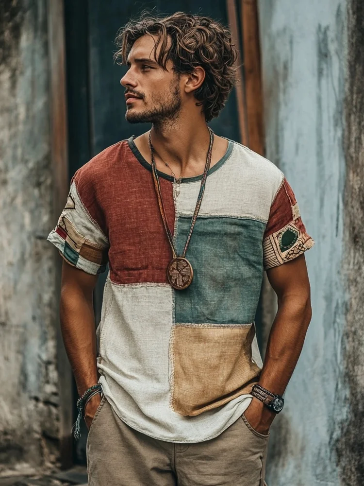 Men's Retro Patchwork Short Sleeve Linen T Shirt