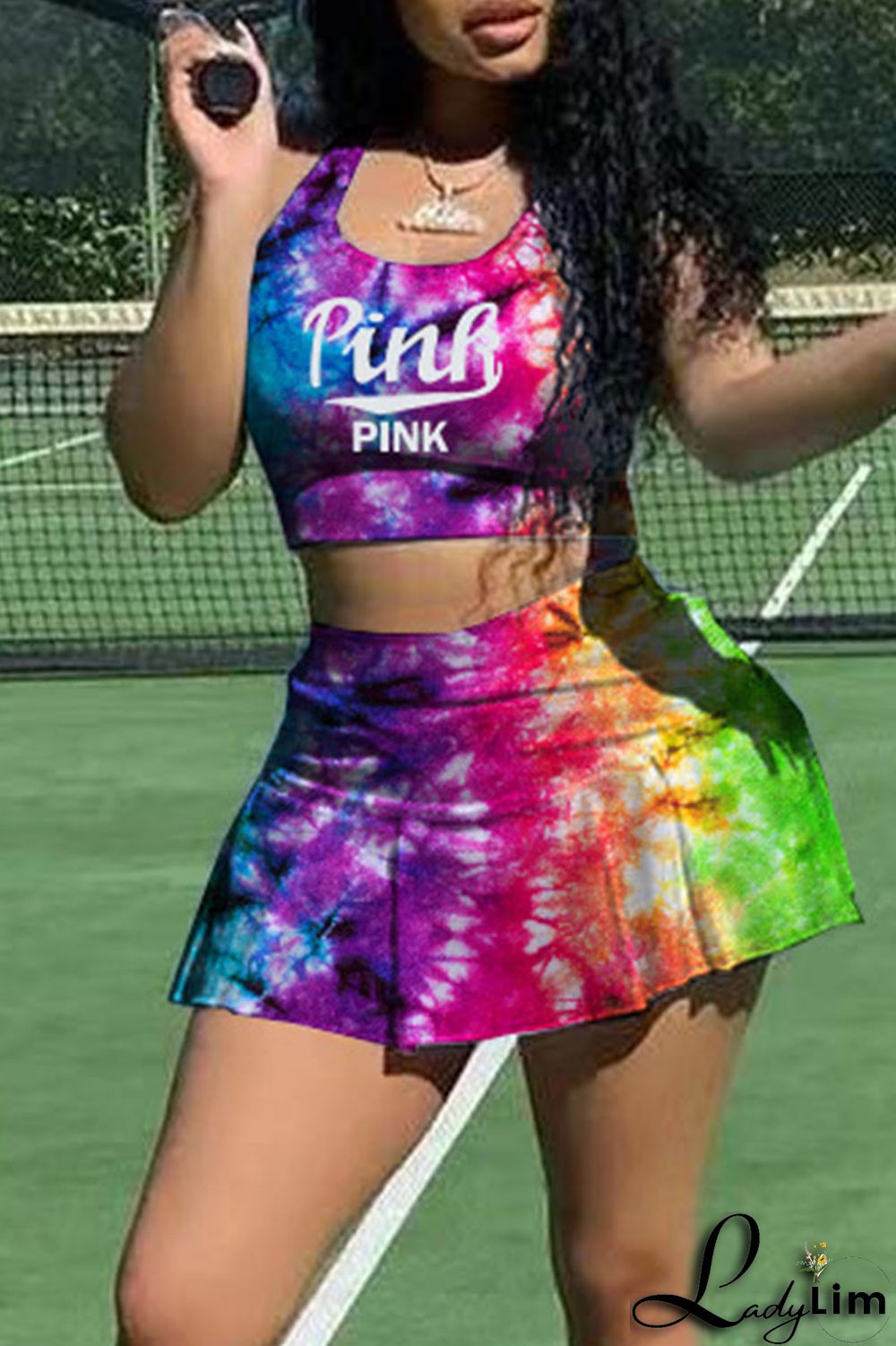 Purplish Blue Sexy Print Patchwork U Neck Sleeveless Two Pieces