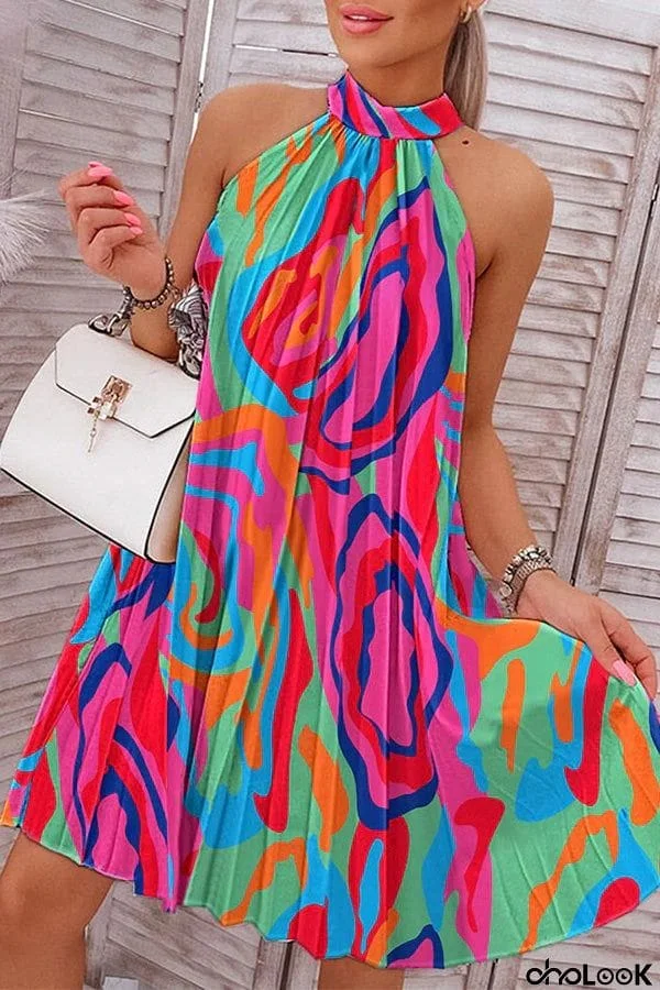 The Violette Abstract Print Halter Pleated Dress