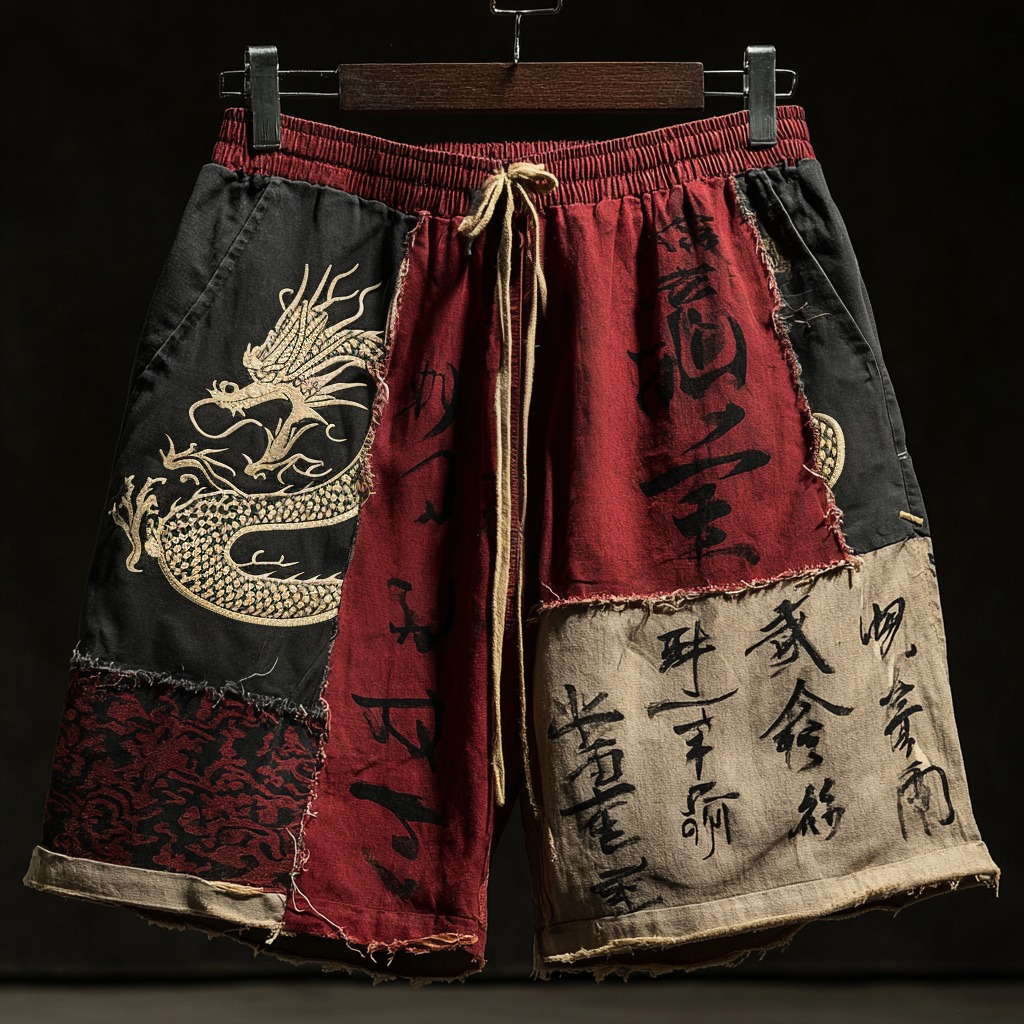Retro Japanese Calligraphy And Dragon Art Pattern Linen Blend Shorts  artssus