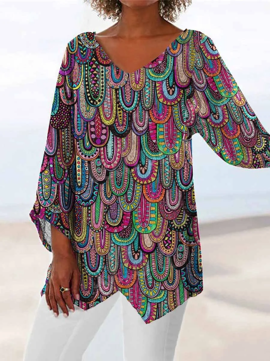 Women Short Sleeve Scoop Neck Printed Stitching Women Tops