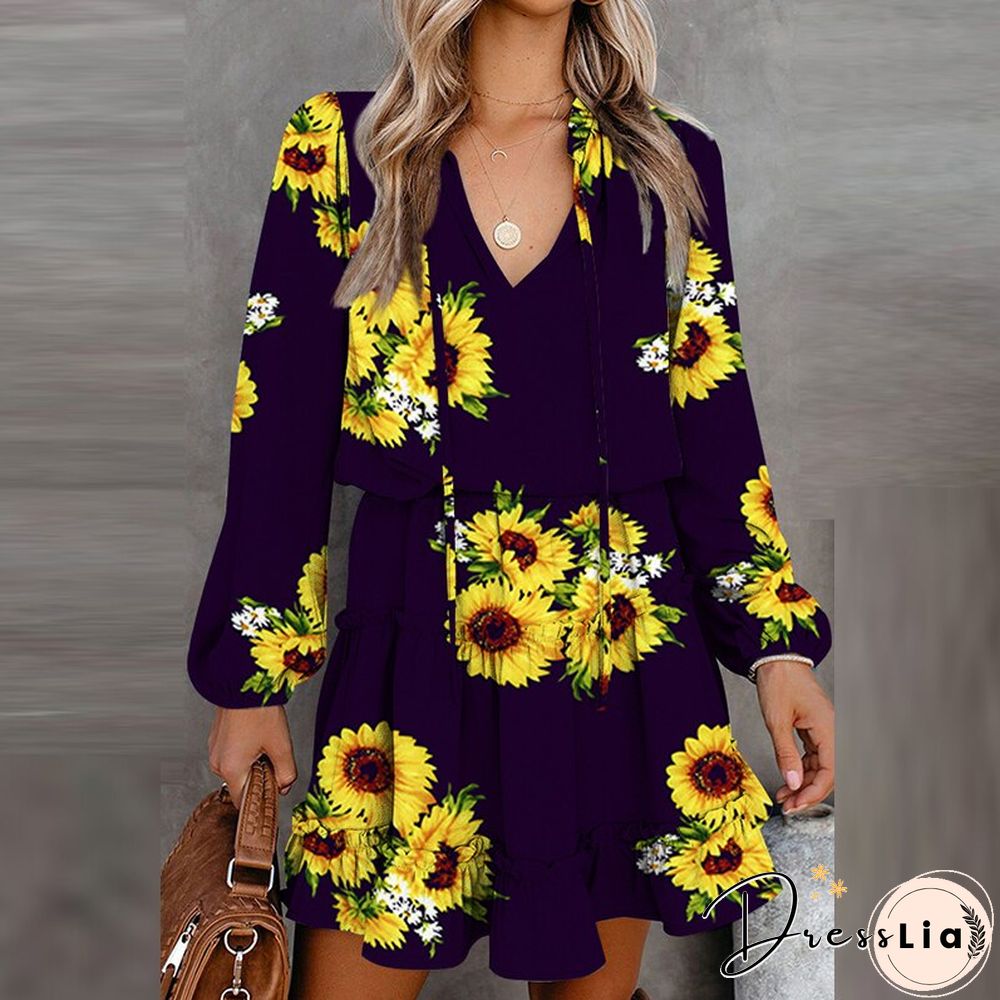 Vintage Floral Printed Mini Dress Women Casual Long Sleeve V Neck Lace-up Early Autumn Dress Fashion Loose Waist Ruffle Dresses