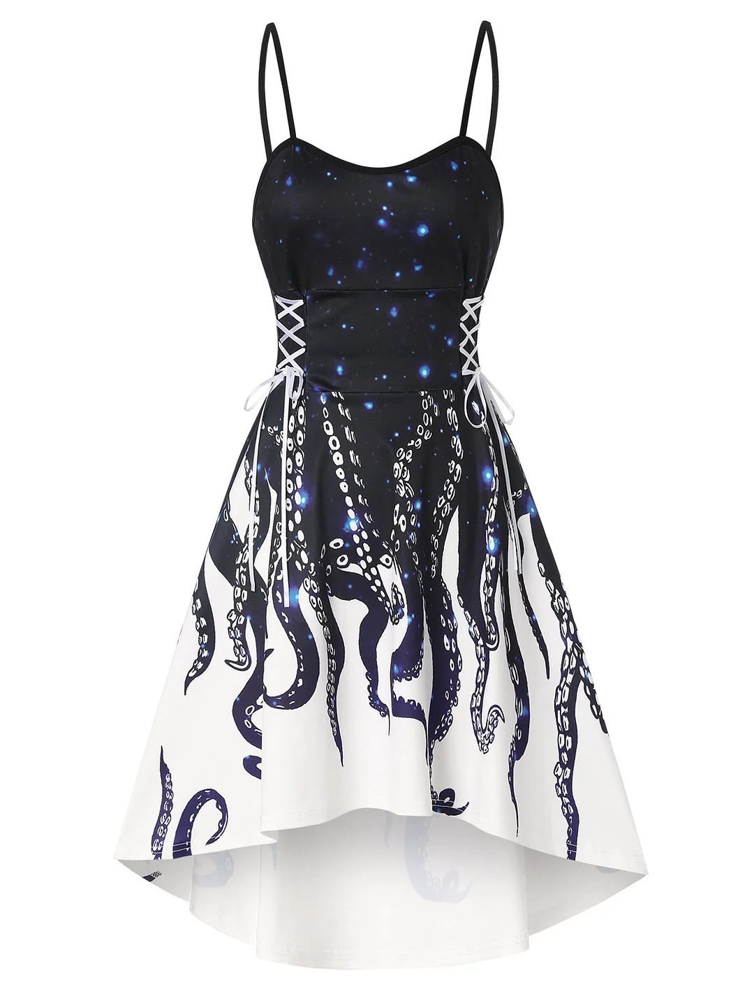 Jangj Party Women Dress Dip Hem Octopus Print Lace Up Dress Empire Waist Sleeveless Fashion Dress Vestidos 2XL