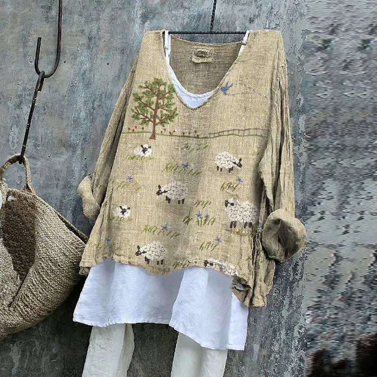 Comstylish Vintage Sheep Farm Landscape Cozy Linen Blend Flowy Tunic