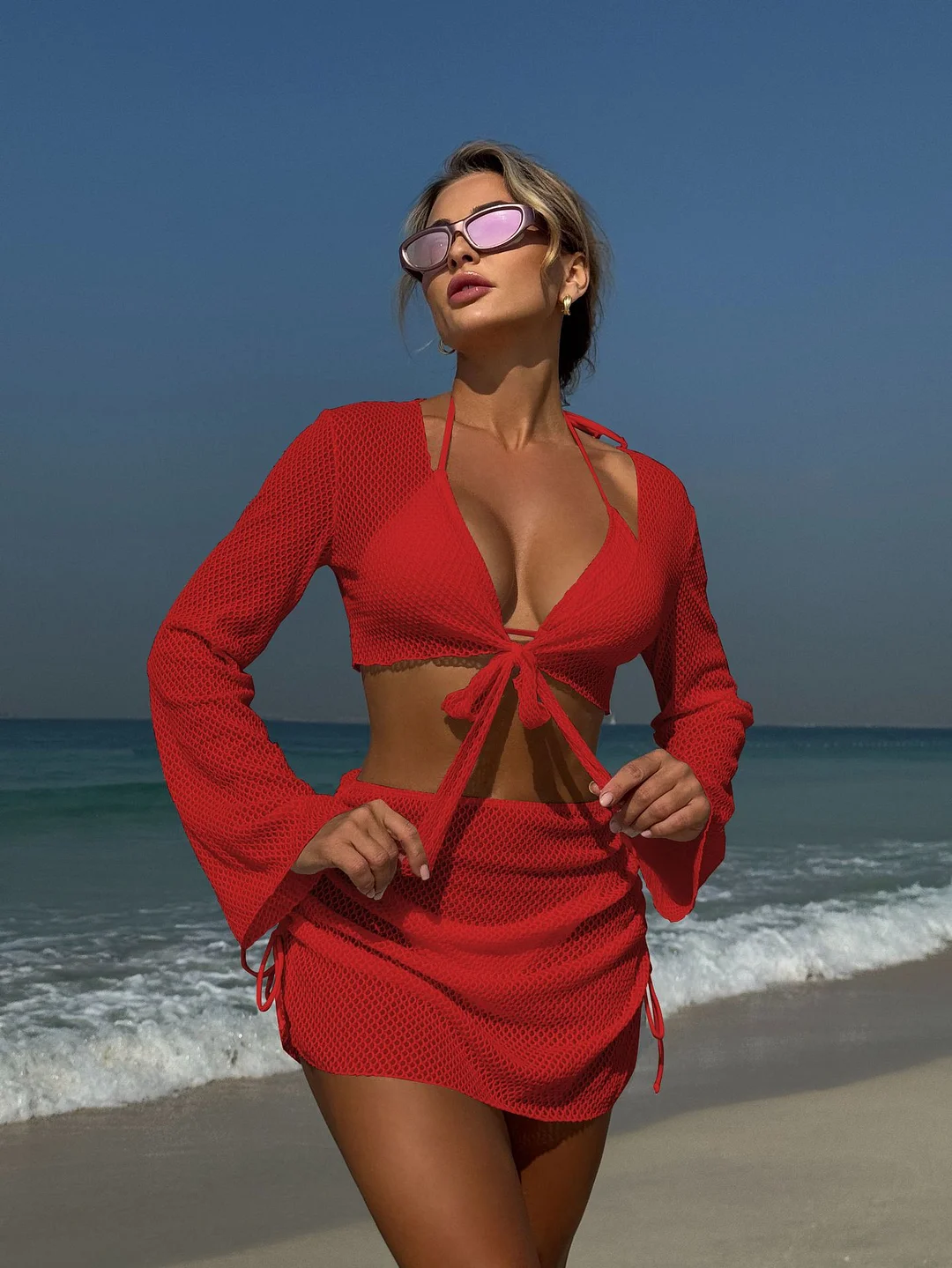 Churchf 2025 New Solid Color Sexy Summer New Beach Resort In Wind Four-Piece Split Swimsuit