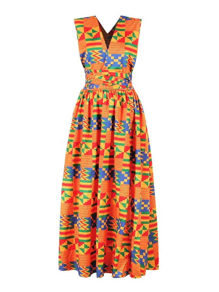 Printed Round Neck Sleeveless Large Hem Long Dress