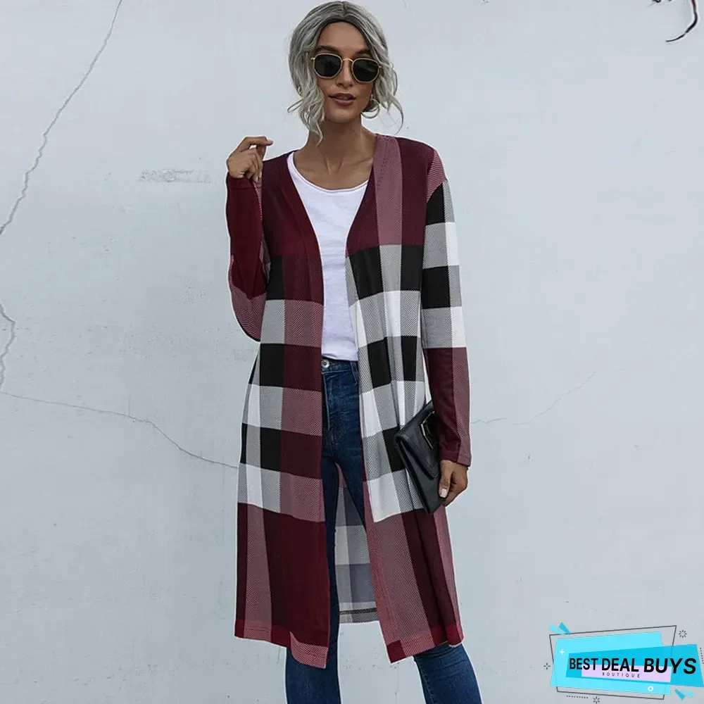 Autumn Women's Plaid Fashion Buttonless Straight Cardigan Coat Women