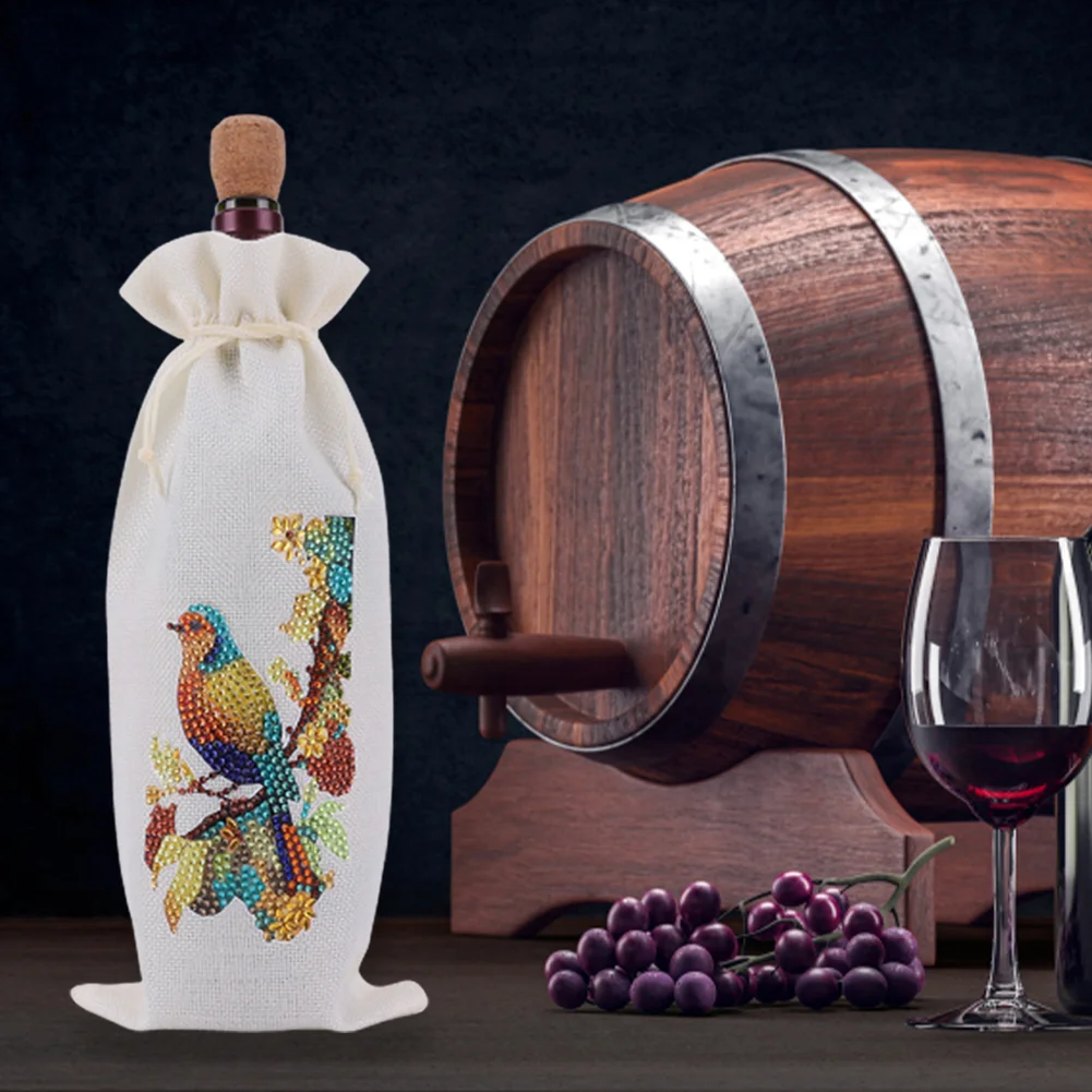 DIY Flower Diamond Painting Burlap Wine Gift Bags Label Liquor Bottle Covers