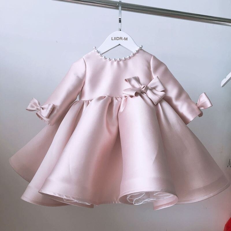 Baby Girl Princess Pearl Silk Dress Bow Long Sleeve Infant Toddler Girl Vintage Vestido Party Pageant Birthday Baby Clothes 1-7Y