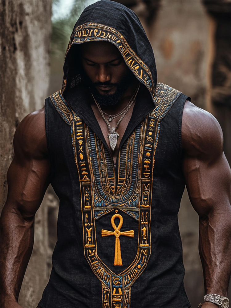Comstylish Men's Ankh Ancient Egyptian Folk Embroidered Hooded Linen Tank