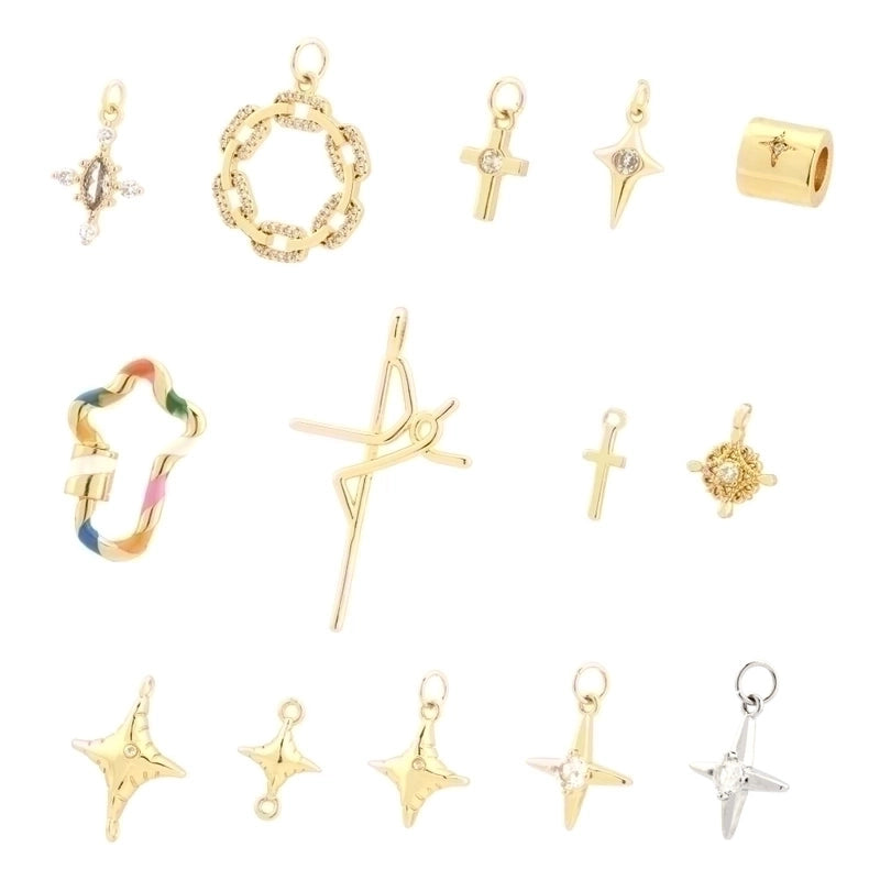Minimalist Cross Copper Enamel Plating Inlay Zircon 18k Gold Plated Charms