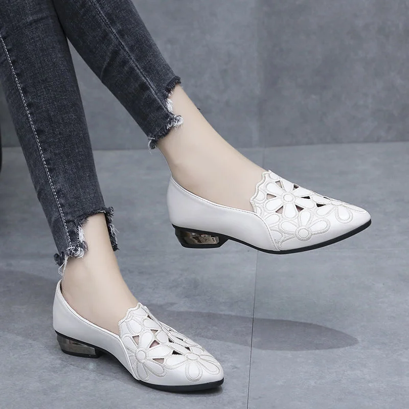 Wongn Wongn Shoes Women's Soft Leather 2023 New Hollow Out Breathable Embroidery Four Seasons Women's Mother Shoes Thick Heel Soft Sole Work Shoes