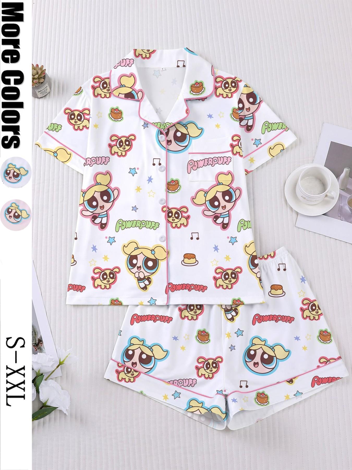 Flying Girl Print Women's Pajama Set, Short Sleeve Button-Up Soft Top and Loose Elastic Shorts, Casual Home Wear Loungewear for Daily Use Nightwear Pjs