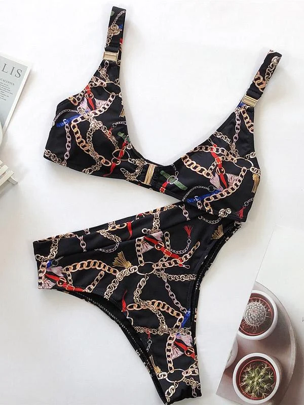 Floral-Print Triangle Split Bikini Swimsuit