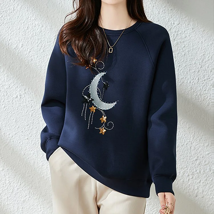 Navyblue Long Sleeve Shift Embroidered Sweatshirt QueenFunky