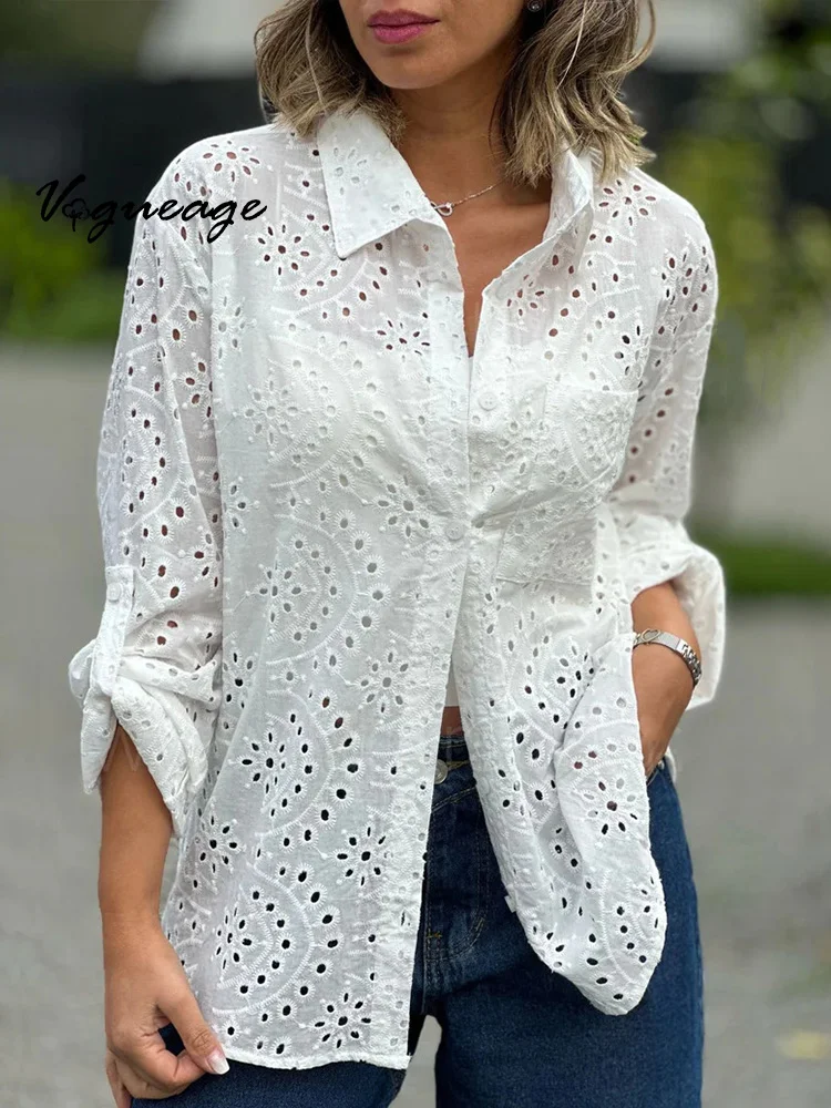 Fashion Solid Color Loose Embroidery Hollow Casual Shirt