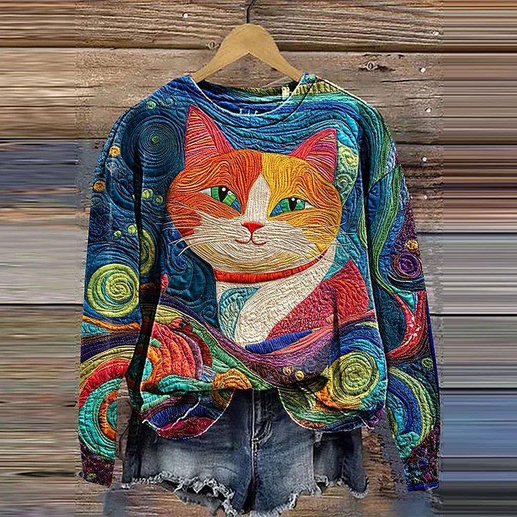 VChics Abstrct Cat Art Print Casual Sweatshirt