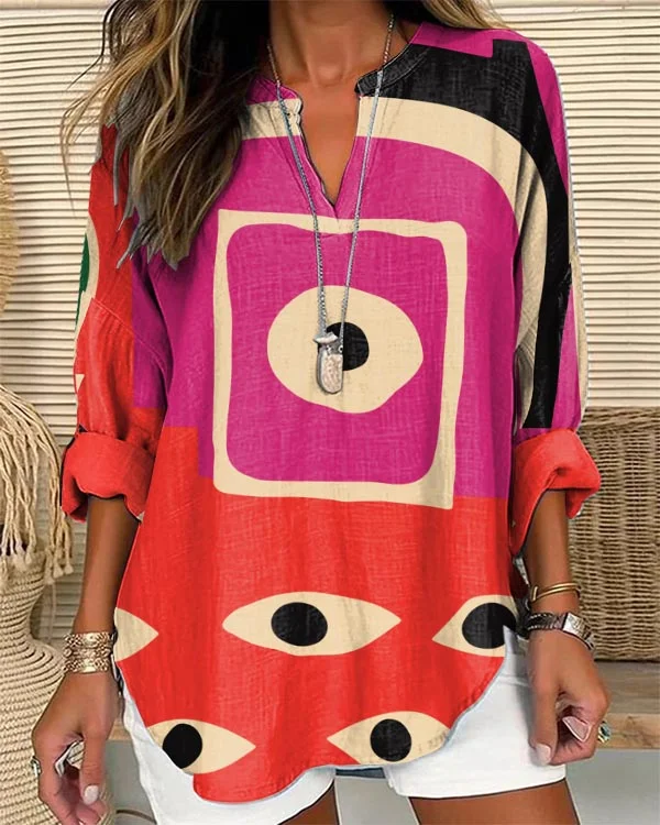 Retro Abstract Art Print Loose V-Neck Long Sleeve Top