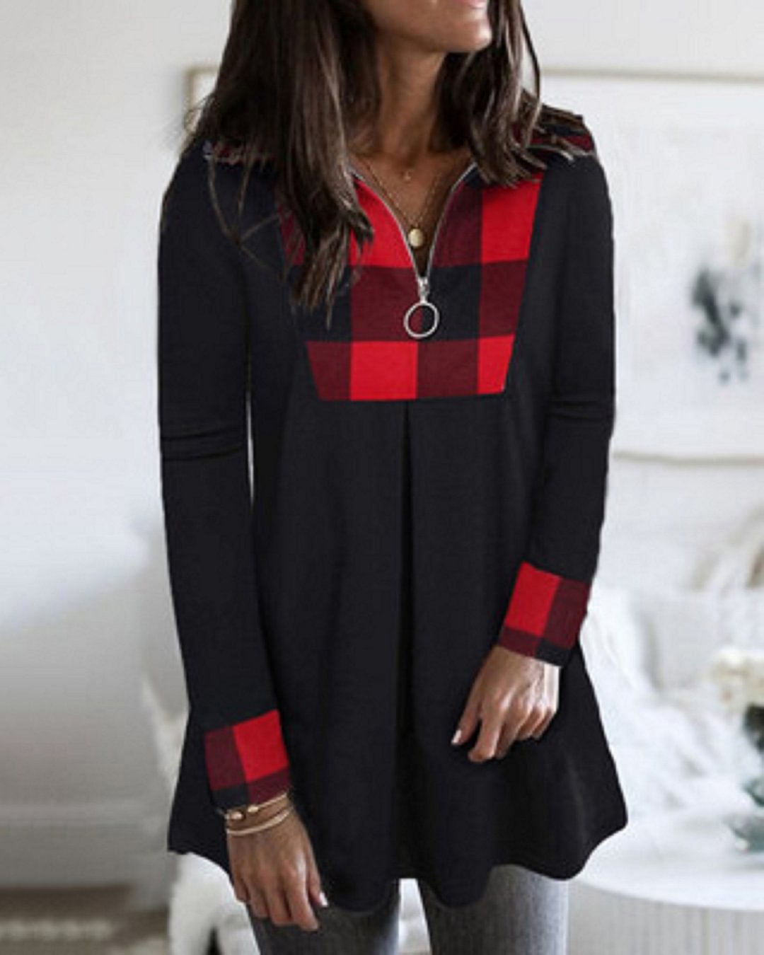 V Neck Patchwork Casual Tunic Tops