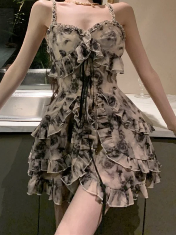 Sweet Sleeveless Tiered A-line Floral V Neck High-rise Mini Dress