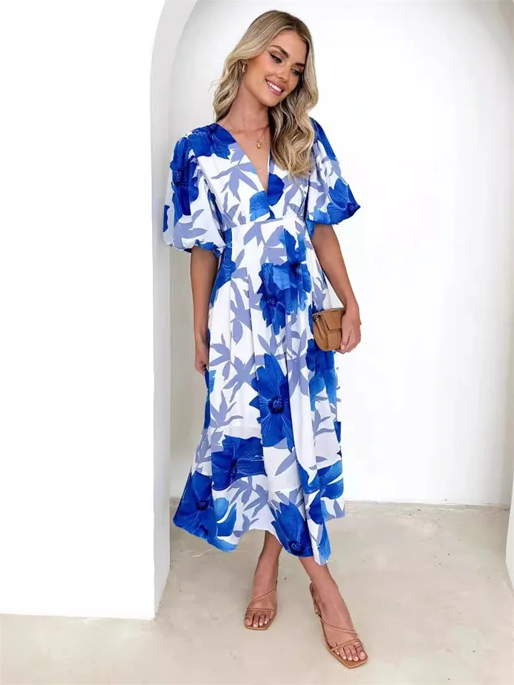 Women's Summer New Floral Print Bubble Sleeve A-line Dress Temperament Dress Printing Dresses-Cosfine